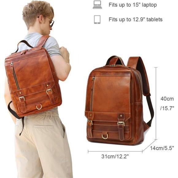LANNSYNE Vintage Genuine Leather Backpack For Men Fits up to 15\